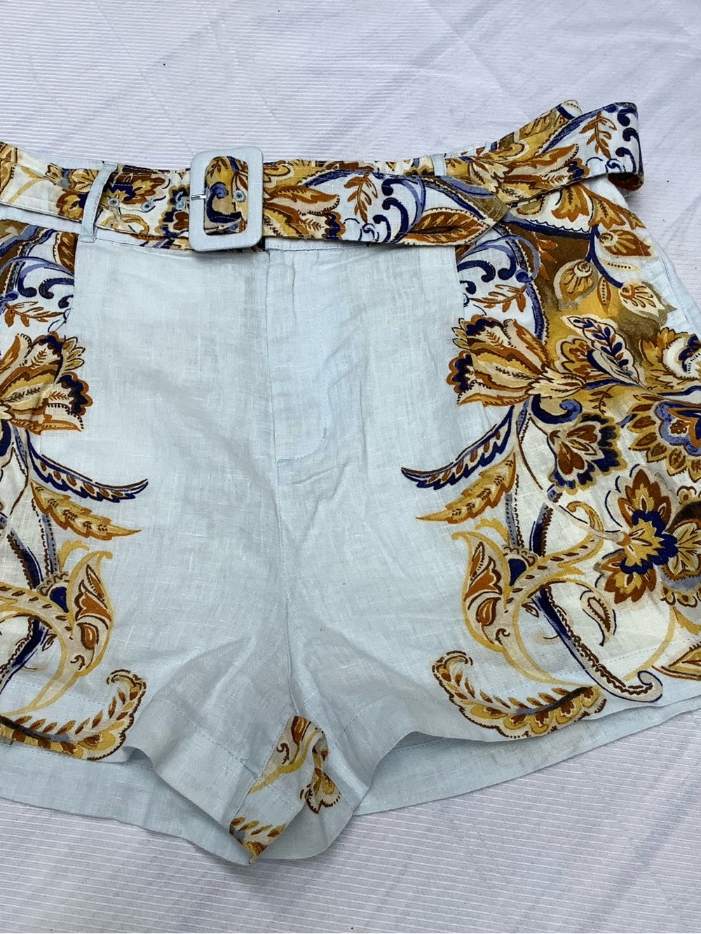 Joie 100% Linen high waist Shorts in powder blue with Gold and Navy Floral Print